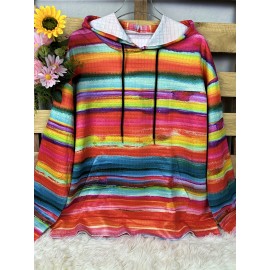 Plus Size, Women's Plus Size Oversized Hoodie - Loose Fit Pullover Sweatshirt with Front Pocket & Drawstring Hood, Long Sleeve Casual Winter Sweater in Pink/Orange/Blue/Green/Teal/Orange/Red/ - Machine Washable Fall/Winter Clothing, Cozy Clothing, Striped Pattern, Soft Fabric, Streetwear Lovers