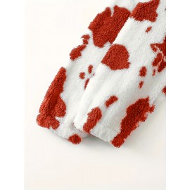 Women's Elegant Half-Zip Hooded Jacket, Plus Size Winter Warmth Coat with Full-Zip Front, Soft Fleece Lining, Animal Print (Cow/Sheep Design), Casual Outerwear, Cold Weather Wear, Stylish Outerwear, Zip-Up Coat