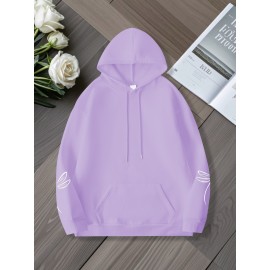 Plus Size, Women's Oversized White Dragonfly Print Hooded Sweatshirt - Long Sleeve Casual Pullover with Drawstring Hood & Kangaroo Pocket, Plus Size All-Season Comfort, Elegant White Sweater for Casual Attire, Machine Washable, Relaxed Fit with Stylish Dragonfly Back Print, Soft Fabric for Layering, Chic and Versatile Women's Fashion