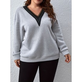 [Plus Size Sweatshirt] Plus Size, Autumn and Winter New European Style Plus Size Solid Color V-Neck Lace Elegant Pullover Sweatshirt for Women