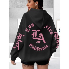 Los Angeles Letter Print Casual Hooded Sweatshirt - Long Sleeves Oversized Hooded Sweatshirt with Popular Extension