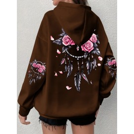 Women'S Plus Size Boho Chic Hoodie - Soft, Comfortable Long Sleeve with Dreamcatcher & Floral Print, Casual Pullover with Pockets for Everyday Wear, Casual Wear Hoodie|Boho Chic Style|Soft Fabric Hoodie