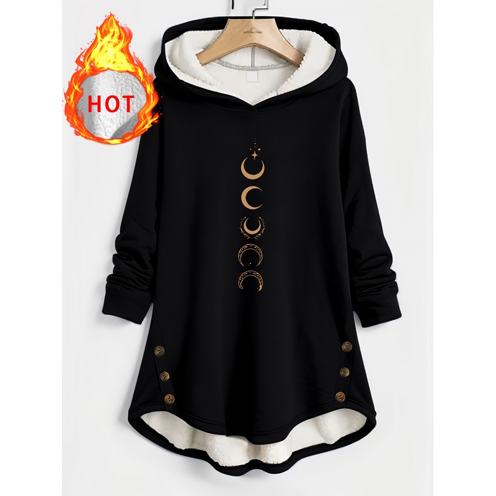 Plus Size - Women'S Oversized Hooded Coat - Winter Warmth with Lined Hood, Letter Print & Golden-Tone Button Closure, Soft Durable Fabric, Machine Washable