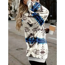Plus Size Boho Chic Hoodie - Stylish Aztec Print with Cozy Plush, Half-Zipper Closure, Drawstring Hood & Handy Pockets - Perfect for Winter Wear