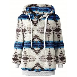 Plus Size Boho Chic Hoodie - Stylish Aztec Print with Cozy Plush, Half-Zipper Closure, Drawstring Hood & Handy Pockets - Perfect for Winter Wear