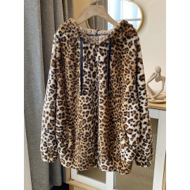 Plus Size Leopard Print Hoodie - Ultra-Soft Fleece Long Sleeve Drawstring Sweatshirt with Spacious Pockets for Women - Vibrant Print Design, Adjustable Fit, and Cozy Comfort