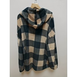 Plus Size Women's Gingham Check Hoodie - V-Neck Long Sleeve Pullover with Button Details, Drop Shoulder Design, and Pockets, Casual Wear for Fall/Winter | Vneck Hoodie | Construction, Sweater Hoodie