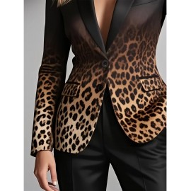 Plus Size - Women'S Elegant Leopard Print Blazer Jacket - Structured Lapel Collar, Tailored Fit with Chest Pocket, Warm BrownRed/Orange Gradient - Formal & Casual Outerwear for Office, Party, Everyday - Autumn/Winter Coat for Women - Stylish Leopard
