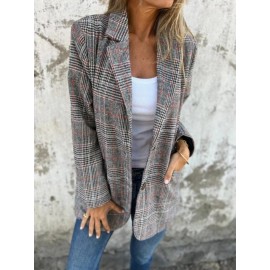Plus Size - Women'S Retro Houndstooth Lapel Blazer Coat - Classic Notched Lapel Structured Tailored Winter Coat, Elegant Casual to Formal Outerwear for Fall/Winter, Timeless Houndstooth Pattern in / - Versatile Everyday & Special Occasion Jacket