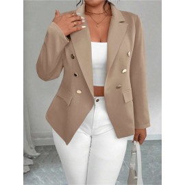 Plus Size - Plus-size Women'S Solid Color Double-Breasted Fitted Waist Long-Sleeved Suit Jacket | Elegant Style with Lapel Collar and Button Details, Perfect for All Seasons