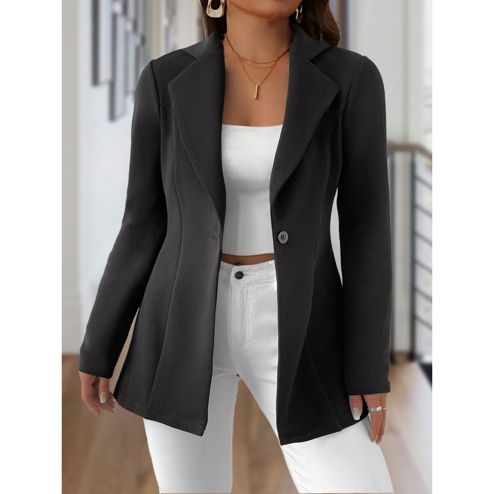 Elegant Plus Size Women's Blazer - Soft Knit, Single Button, Lapel Collar, Solid Color, Machine Washable - Perfect for Fall