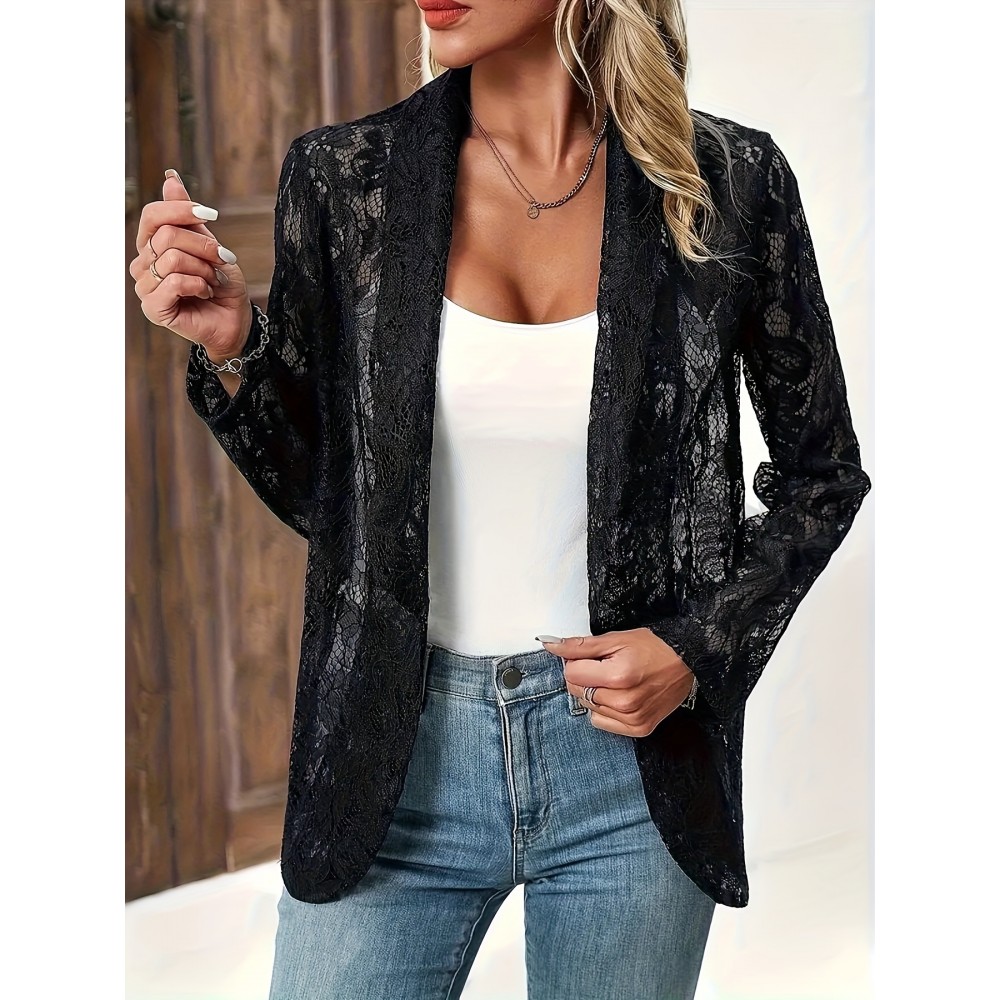 Elegant Plus Size Floral Lace Long Sleeve Open Front Blazer for Women - Stylish and Chic Clothing