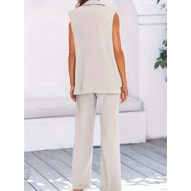 Stylish Plus Size Solid Color Elegant Suit Set - Women's Plus Size Clothing, Button Sleeveless Vest & Straight Leg Loose Pants for Work or Formal Occasions - Comfortable, Breathable, and Flattering