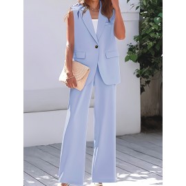 Stylish Plus Size Solid Color Elegant Suit Set - Women's Plus Size Clothing, Button Sleeveless Vest & Straight Leg Loose Pants for Work or Formal Occasions - Comfortable, Breathable, and Flattering
