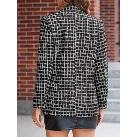 Elegant Plus Size Houndstooth Blazer for Women - 100% Polyester, Lapel Collar, Woven, Non-Stretch Fabric, All-Season, Regular Fit Adult Jacket
