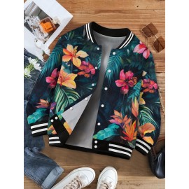 Plus Size Women's Hawaiian Print Baseball Jacket Hoodie - Tropical Hibiscus & Palm Leaf Aloha Coat, Lightweight Long Sleeve Split Hem Hawaiian Shirt Style Outerwear for Vacation, Beach Parties & Year-Round Casual Wear