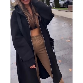 Large Size Women's Hooded Full-Zip Sportswear Jacket - Windproof & High Quality Long Sleeve Outerwear, Mid-Stretch Semi-Translucent Fabric, Machine Washable, Autumn Casual & Athletic Coat for Gym, Running Errands, Casual Attire (Solid Color)