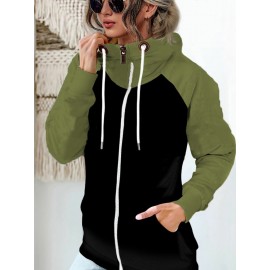 Women's Full-Zip Turtleneck Jacket - Winter Warm Coat with Pockets, Black & Brown Two-Tone Collar, Full-Zip Front Closure & Drawstring Hood-like Neckline, Casual Outerwear (Machine Washable) for Fall/Winter (No-Stretch Fabric), Womens Winter Jacket, Jacket For Women, Jackets For Women, Women Winter Jacket, Womens Jackets