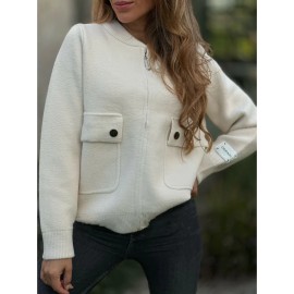 Plus Size Women'S Elegant Casual Fleece Blend Coat - Stand Collar Long Sleeve Jacket with Zipper Closure, Full-Zip Front, Chest Pocket & Structured Fit | Warm Winter Outerwear for Fall/Winter | Solid Color (RedNavy) | Versatile for Everyday & Semi-F