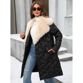 Plus Size - Women'S Plus Size Winter Coat - Thick Warm Long Jacket with Lapel Collar, Non-Stretch Fabric, Button Front Closure, Casual Elegant Outerwear For Fall & Winter (machine Washable) - Solid Color, Plus Size Winter Coats For Women