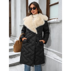 Plus Size - Women'S Plus Size Winter Coat - Thick Warm Long Jacket with Lapel Collar, Non-Stretch Fabric, Button Front Closure, Casual Elegant Outerwear For Fall & Winter (machine Washable) - Solid Color, Plus Size Winter Coats For Women