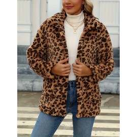 Women's Plus Size Leopard Print Faux Fur Jacket, Casual Collared Pullover, Polyester Knit Coat with Pockets, Regular Fit Long Sleeves, All-Season Fashion Outerwear