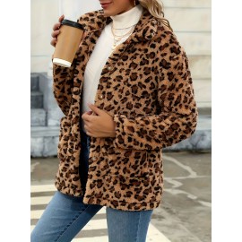Women's Plus Size Leopard Print Faux Fur Jacket, Casual Collared Pullover, Polyester Knit Coat with Pockets, Regular Fit Long Sleeves, All-Season Fashion Outerwear