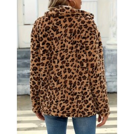 Women's Plus Size Leopard Print Faux Fur Jacket, Casual Collared Pullover, Polyester Knit Coat with Pockets, Regular Fit Long Sleeves, All-Season Fashion Outerwear