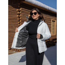 Women'S Plus Size Hooded Jacket, Casual Polyester 100% Woven Coat, Solid Color Fall/Winter Warm Windproof Outerwear with Pockets