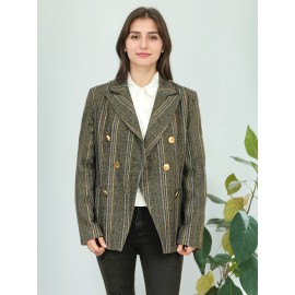 Elegant Plus Size Double-Breasted Blazer - Chic Plaid, Long Sleeve Suit Jacket for Women, Machine Washable