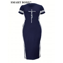 Faith Letter Women'S Striped Printed Casual Dress Side Slit Round Neck Short-sleeved Dress, Spring And Summer Casual WomenS Maxi Dress Striped Trim Split Thigh Longline Dress For Summer