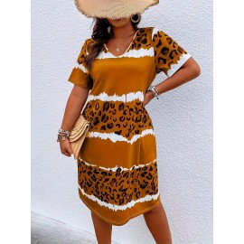 Women's Tunic Dress, Short Sleeve, Knee-Length,, Casual Summer Vacation Style, Loose Fit, Fabric, Patterned Trapeze Hem, No Belt, Pullovers Placket-