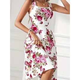 Women's Sleeveless Square Neck A-line Blue Floral Print, Spring/Summer Machine Washable, Moderately Stretchy Elegant A-line Cut, Suitable for Casual and Formal Occasions, Spring Fashion, Comfortable and Close-fitting, Non-transparent Fabric