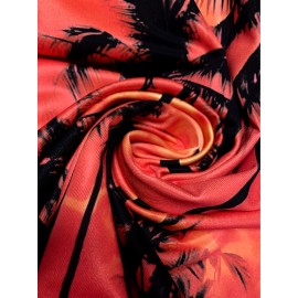 Women'S Tropical Print Sleeveless Beach Dress- Vibrant Pink with Black Palm Tree Design, Round Neck Machine-Washable Lightweight Summer Vacation Dress for Poolside& Casual Outings