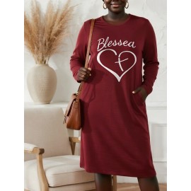 Plus Size, Women'S Plus Size Long Sleeve Maxi dress - Elegant Black Formal & Everyday dress with Side Pocket, Loose Fit Fall/Winter Outfit for Church, Office, Parties - Non-See-Through Fabric, Long Sleeve Dresses, Party Attire, Comfortable Wear, Office Attire, Heart Design, Durable Material, Casual Wearers