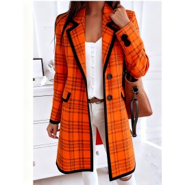 Plus-Size Women's Oversized Collar Button- Coat Jacket - Golden-Toned Houndstooth & Striped Print (Black/Golden), Winter Warmth with Chest Pocket, Machine Washable Casual & Professional Outerwear for, Parties, Everyday