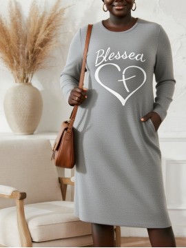 Plus Size, Women'S Plus Size Long Sleeve Maxi dress - Elegant Black Formal & Everyday dress with Side Pocket, Loose Fit Fall/Winter Outfit for Church, Office, Parties - Non-See-Through Fabric, Long Sleeve Dresses, Party Attire, Comfortable Wear, Office Attire, Heart Design, Durable Material, Casual Wearers